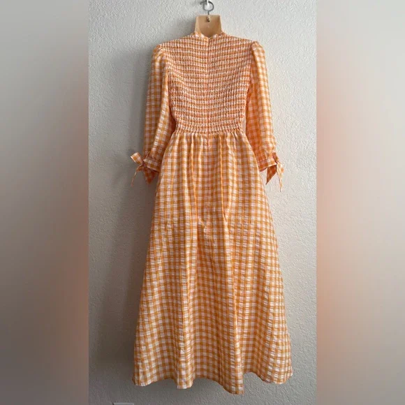 NEW Whistles Gingham Orange Check Shirred Midi Dress Size 6 Smocked - Picture 4 of 10